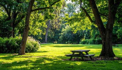 Naklejka premium Sunlit park scene with picnic table under trees, lush green lawn and natural, peaceful atmosphere