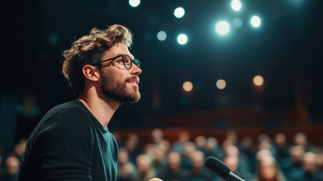 A confident young speaker stands on stage addressing an engaged audience, highlighting the importance of public speaking and personal connection in a professional setting.