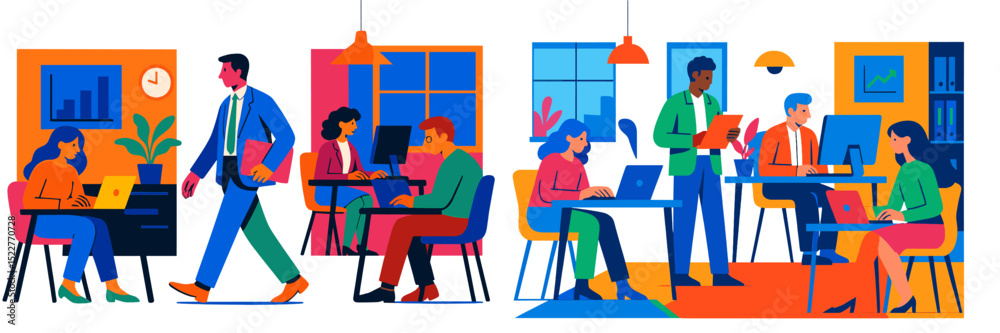 Aufkleber colorful modern office environment with diverse professionals collaborating and working at desks dur