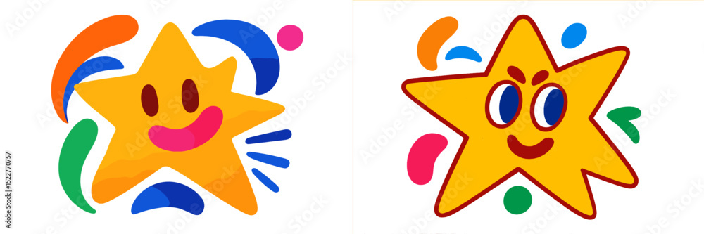 Poster colorful star characters expressing joy and playfulness surrounded by vibrant shapes in a playful de