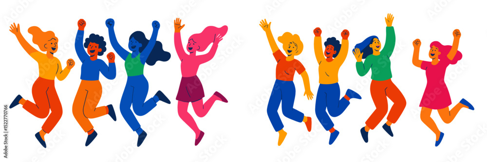 Poster diverse group of people celebrating joyfully and enthusiastically in a bright and colorful environme