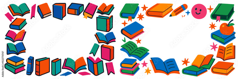 Aufkleber Colorful illustration of books and playful elements surrounding an empty space for creativity and imagination