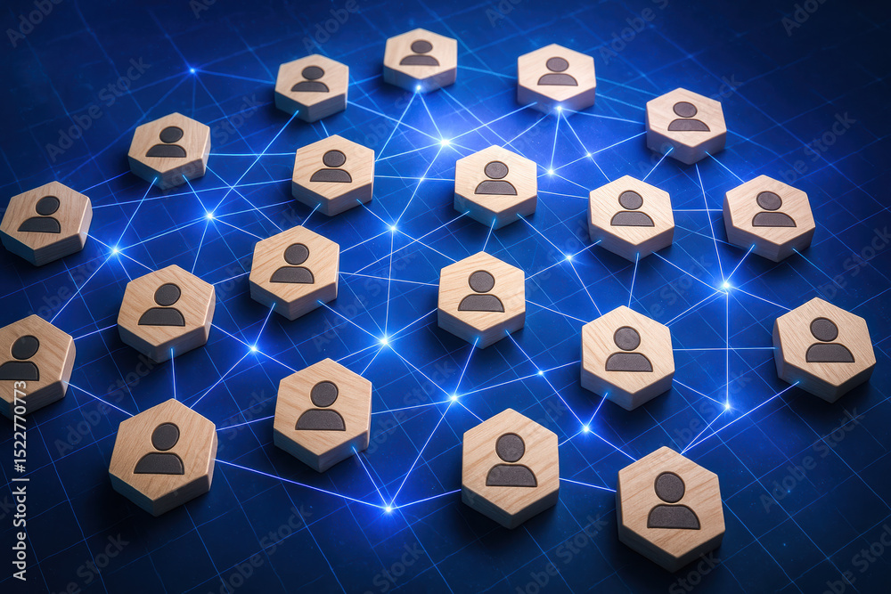 Poster a glowing hexagonal network symbolizes digital connection and collaboration across distributed teams