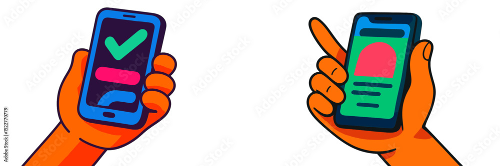 Poster Two colorful smartphone screens displaying different applications with hands interacting in a digital setting