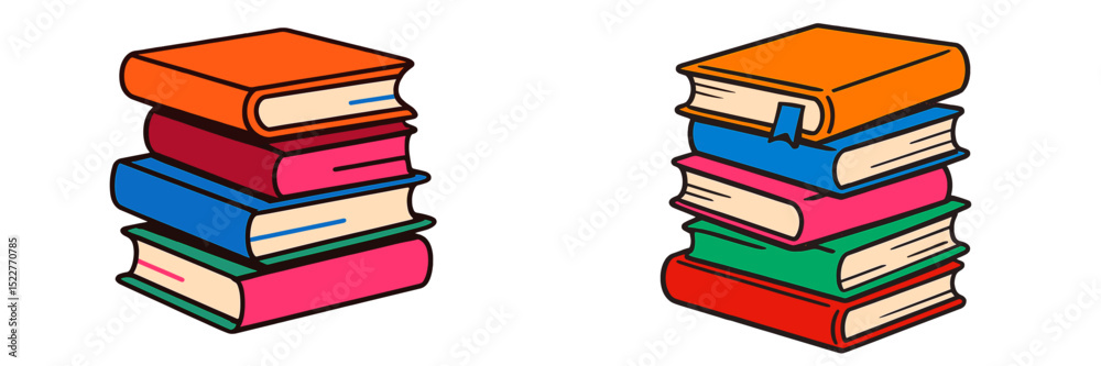 Poster colorful stacks of books displayed together in a library setting during a sunny afternoon