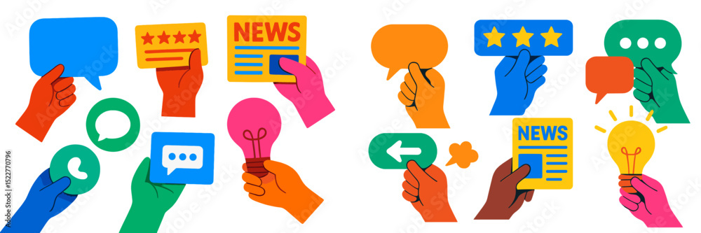 Poster creative hands holding colorful speech bubbles and news articles showcasing communication and inform