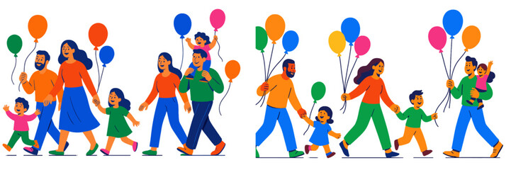 Families enjoying a joyful day at the park while holding colorful balloons in a cheerful atmosphere