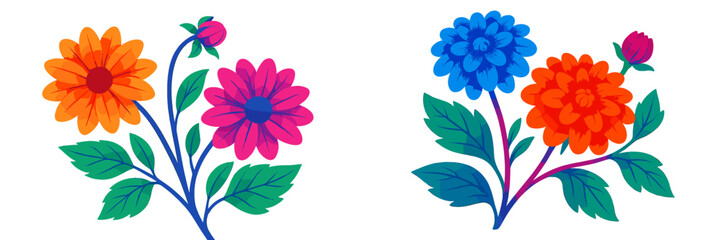 Colorful flower illustrations featuring vibrant blooms and green leaves in a lively, artistic style