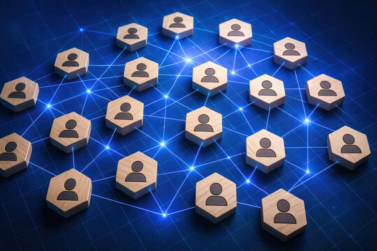 A glowing hexagonal network symbolizes digital connection and collaboration across distributed teams enhancing business communication efficiency