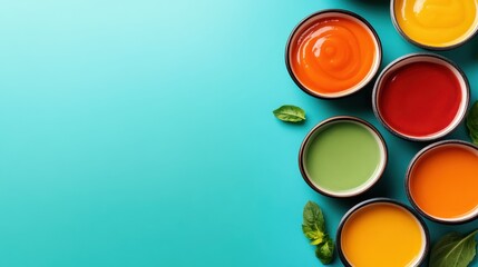 An artistic composition of vibrant bowls filled with colorful sauces, beautifully arranged on a turquoise background, inviting viewers to explore diverse culinary delights.