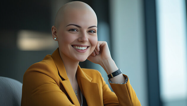 Empres&aacute;ria feliz com alopecia e queda de cabelo por quimioterapia. Jovem empres&aacute;ria 
