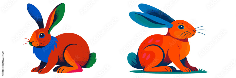 Poster bright and colorful cartoon rabbits in a playful pose set against a white background, highlighting t