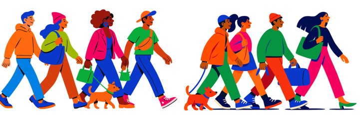 Fototapeta premium Colorful group of people walking with pets and shopping bags in a vibrant urban setting during the daytime