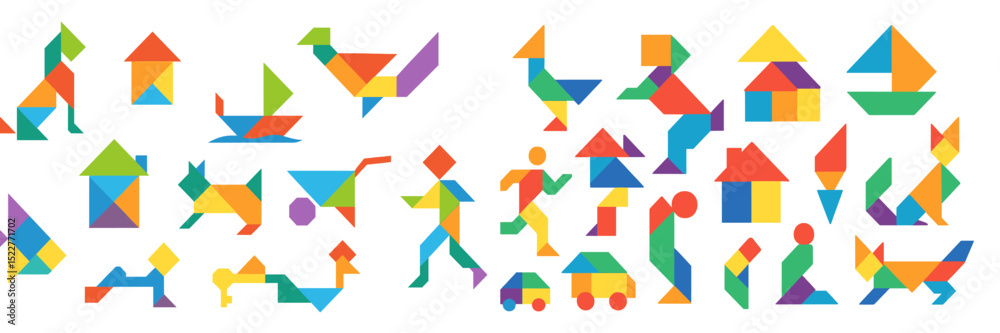 Poster Colorful geometric shapes arranged to create various animals and objects in a playful art display