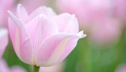 Soft pink tulip, partially open, against a blurry floral background. Delicate petals, gentle light, spring
