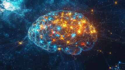 Vibrant brain glowing in cosmic expanse interconnected with bright lights and energy