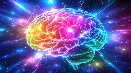 Vibrant brain glowing in cosmic expanse, interconnected with energy and light