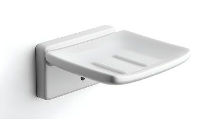 A white wall-mounted soap dish made of stainless steel on white background