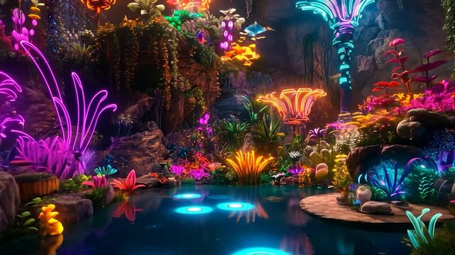 Vibrant, glowing flora and fauna in a surreal cave