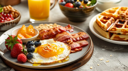 Breakfast, waffles with crispy bacon and sunny-side-up egg, forest berries and juice 