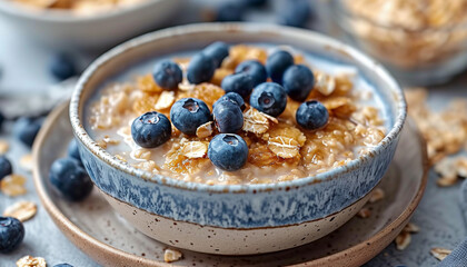 Breakfast. Muesli with fresh berries and nuts.