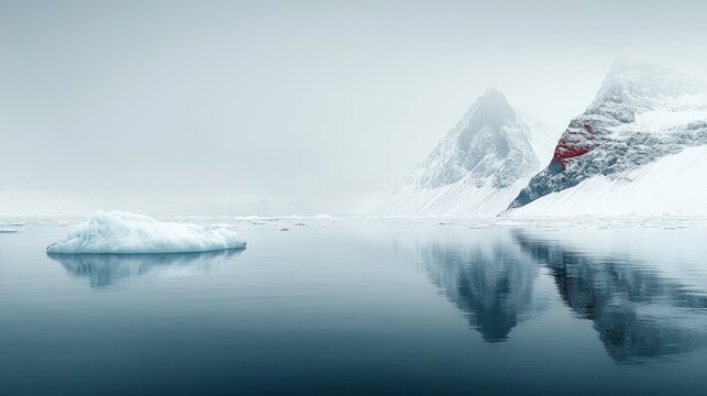 Arctic expanse, misty mountains mirrored