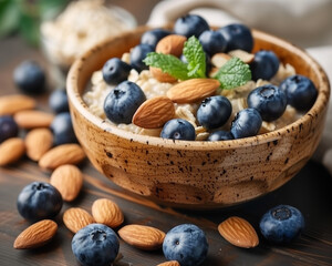 Breakfast. Muesli with fresh berries and nuts.