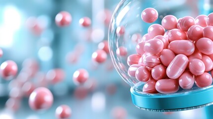 A vibrant collection of pink pills surrounded by motion, conveying the concepts of health, vitality, and the dynamic nature of the pharmaceutical world.