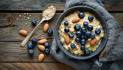 Breakfast. Muesli with fresh berries and nuts.