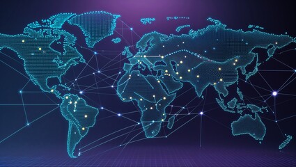 Forming network map with glowing blue dots on high-tech display, with neon lines and hubs