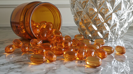 Amber bottle spilling fish oil capsules on marble surface