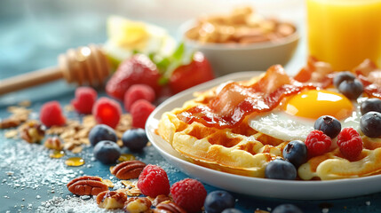 Breakfast, waffles with crispy bacon and sunny-side-up egg, forest berries and juice 