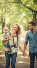 Happy Family Enjoying a Stroll Through a Lush Green Park