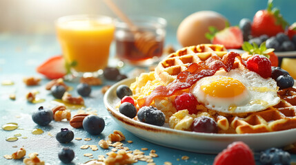 Breakfast, waffles with crispy bacon and sunny-side-up egg, forest berries and juice 