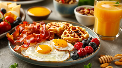 Breakfast, waffles with crispy bacon and sunny-side-up egg, forest berries and juice 