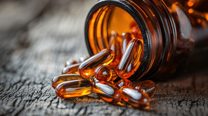 Close up view of softgel capsules spilling from brown glass bottle, showcasing their glossy