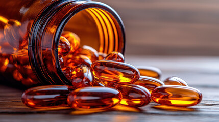 Close up view of softgel capsules spilling from brown bottle, showcasing their glossy texture