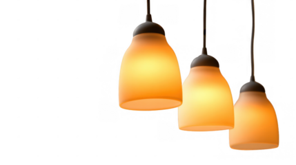 Three frosted glass pendant lights emit a warm, inviting glow, hanging against a transparent background, perfect for adding a touch of elegance to any design project