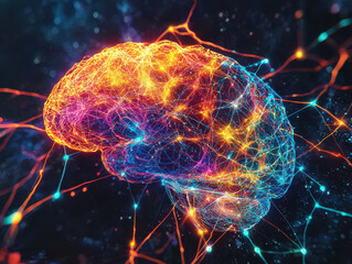 Vibrant brain glowing in cosmic setting, interconnected with colorful neural pathways