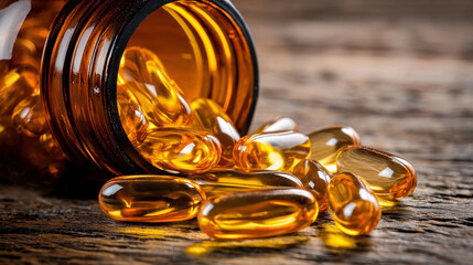 Close up of softgel capsules spilling from brown bottle, showcasing their glossy texture