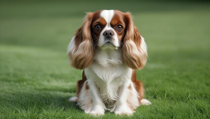 A Cavalier King Charles Spaniel sits on a lush green lawn, looking directly at the camera with expressive eyes.