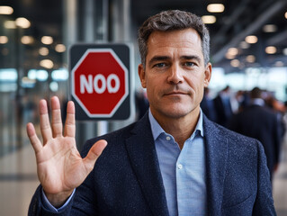 Professional businessman in blazer raising hand in stop gesture, conveying authority and caution