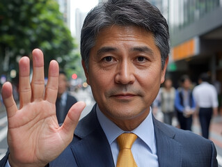 Businessman suit with hand raised stop gesture, expressing confidence busy urban setting