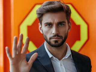 Closeup of businessman with serious expression, hand raised in stop gesture