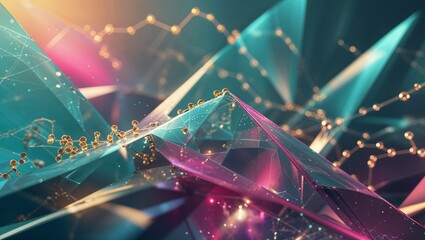 Rendering clear polygonal planes linking golden nodes with lines in data space, with flares, bokeh