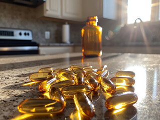 Softgel capsules scattered on kitchen countertop with sunlight shining through