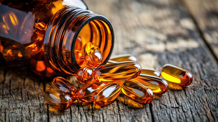 Spilled amber capsules on wooden surface, showcasing their glossy texture and color