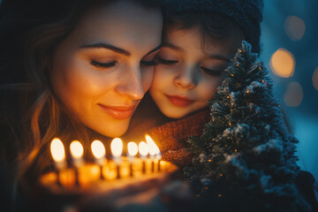 Mother and child admiring birthday cake with lit candles.