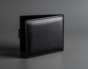 Naklejka premium Black leather wallet on gray background