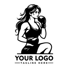 Strong athletic woman boxer in fighting stance wearing sportswear and boxing gloves, black and white cartoon vector illustration
